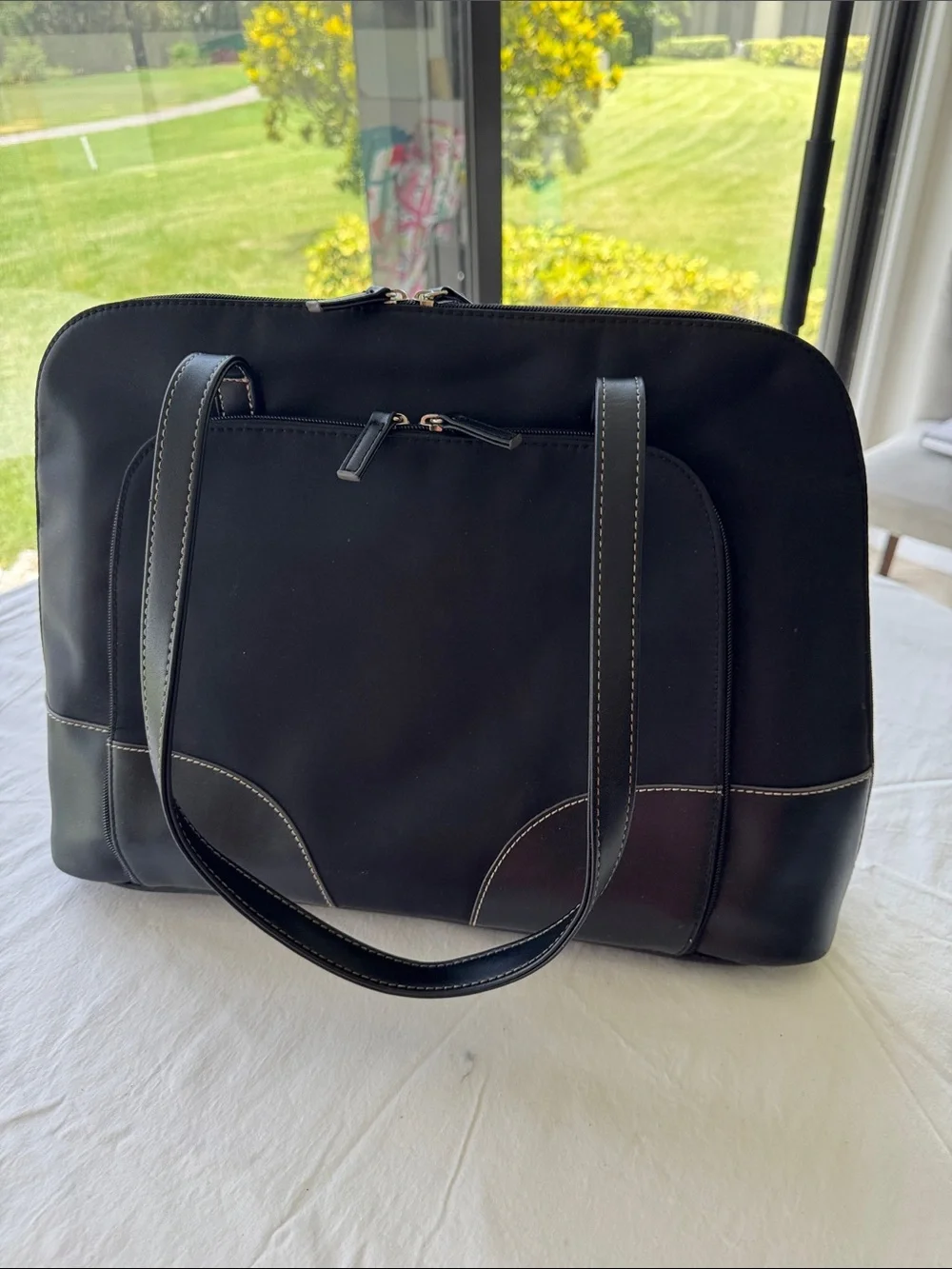 Black  Laptop Tote Bag with Contrast Stitching. 17”x12”x5”.
